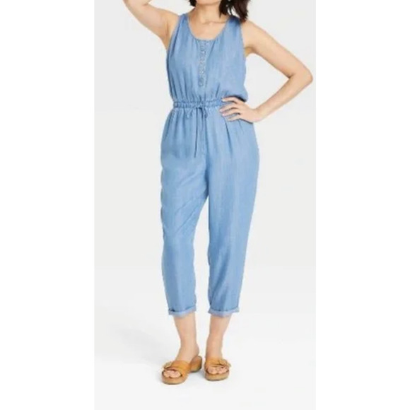Knox Rose Women’s Chambray Denim‎ Button Jumpsuit Medium Waist Tie Cottagecore - Picture 3 of 6